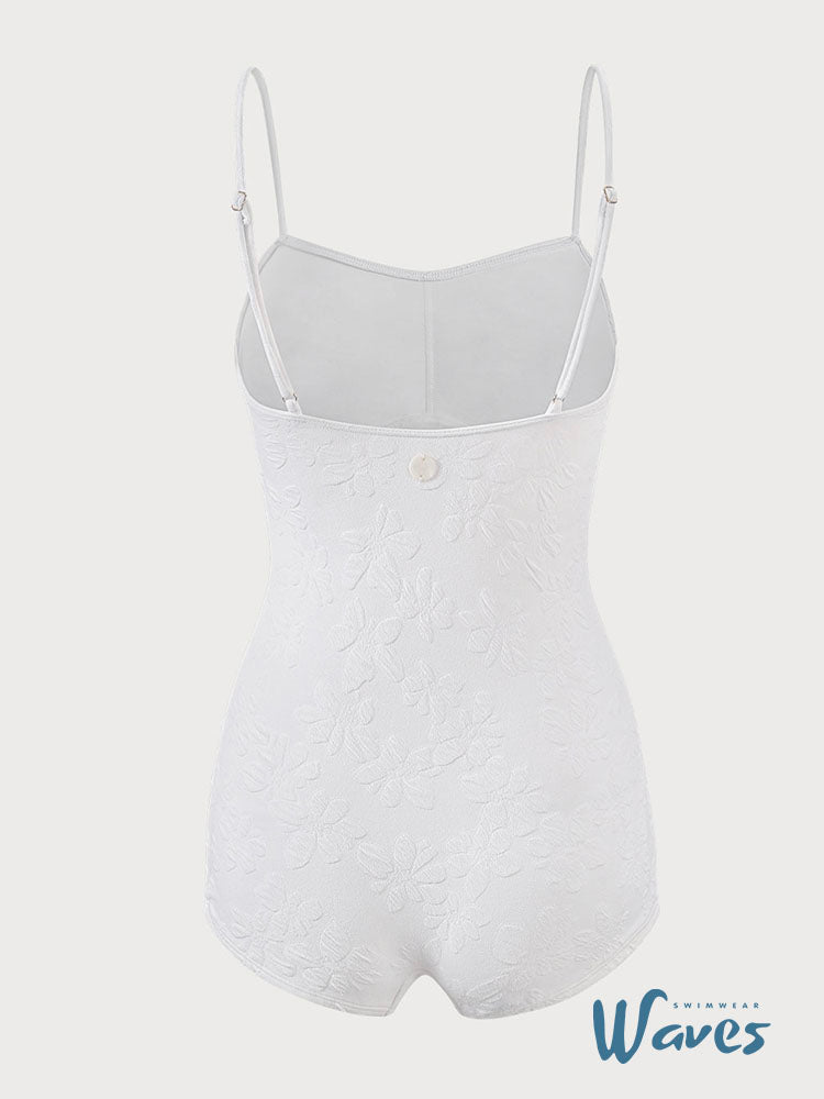 White Embossed Flowers One Piece Swimwear – Waves